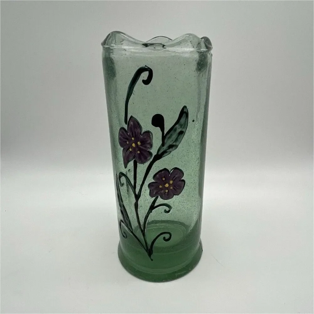Vintage Recycled Green Glass Vase with Purple Floral Design, very heavy